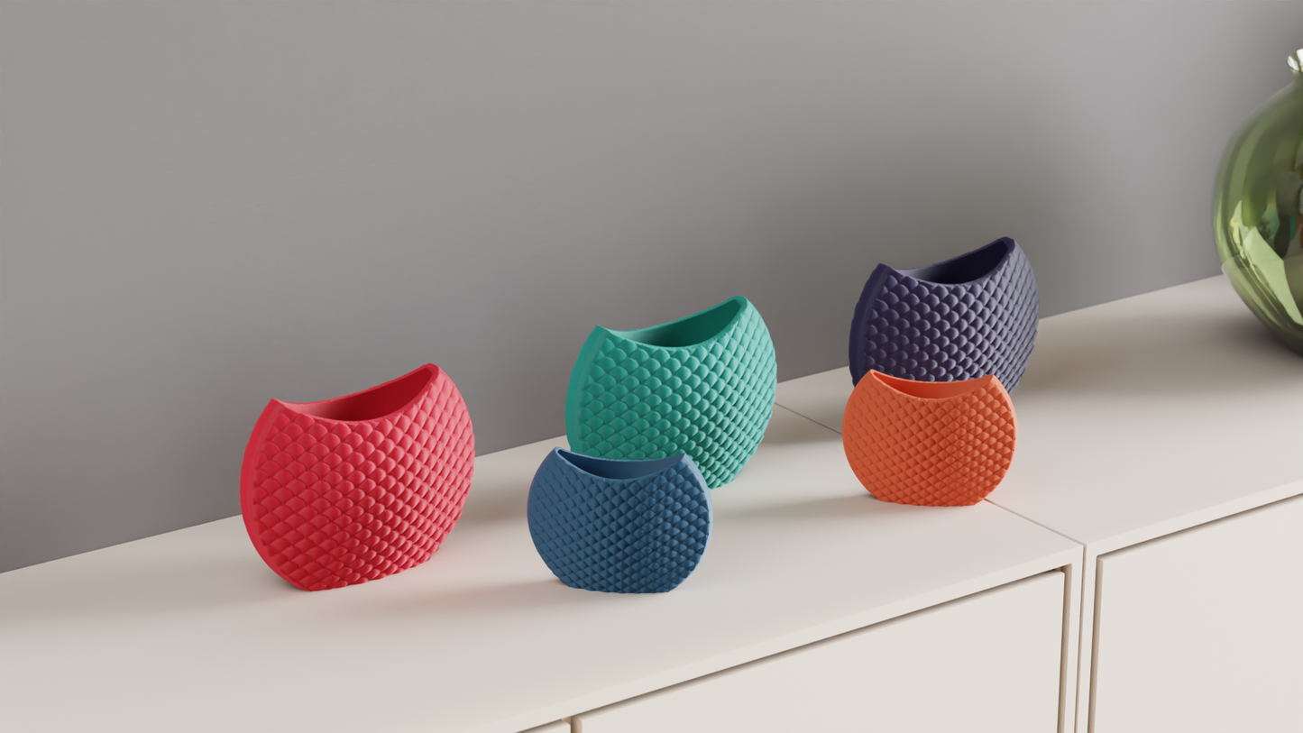 Original Art Deco Contemporary Scale Pattern Circular Vase, Minimalist Accent, Sculptural Decorative Vessel Centerpiece