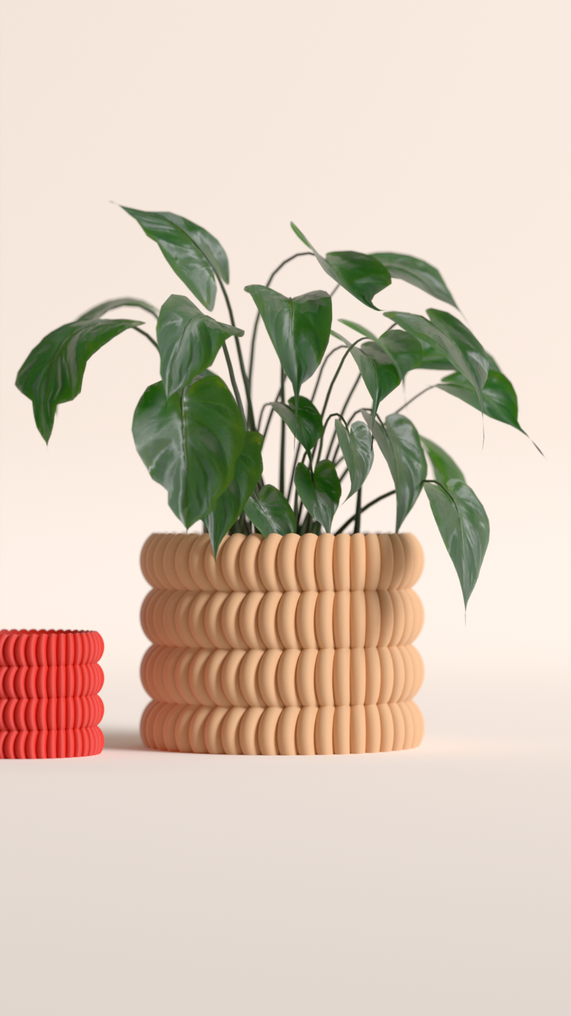 Original Artistic Planter Pot Radial Disk, Architectural Textured Indoor Holder, Modern Art Deco Minimalist