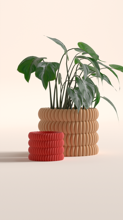 Original Artistic Planter Pot Radial Disk, Architectural Textured Indoor Holder, Modern Art Deco Minimalist