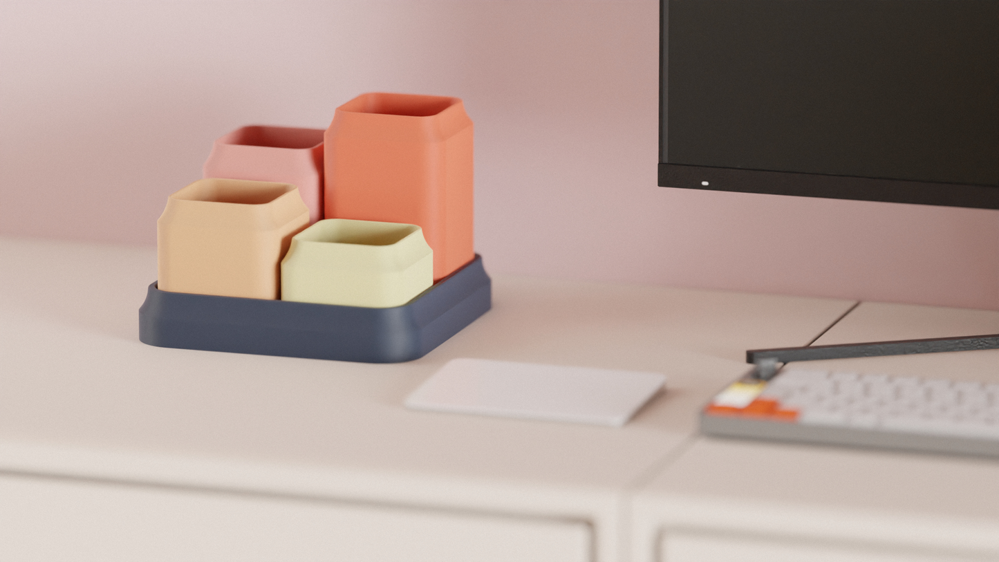 Desk Organizer, Modular Geometric Workstation Tray, Minimalist Penholder Slate Accent