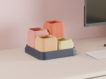 Desk Organizer, Modular Geometric Workstation Tray, Minimalist Penholder Slate Accent