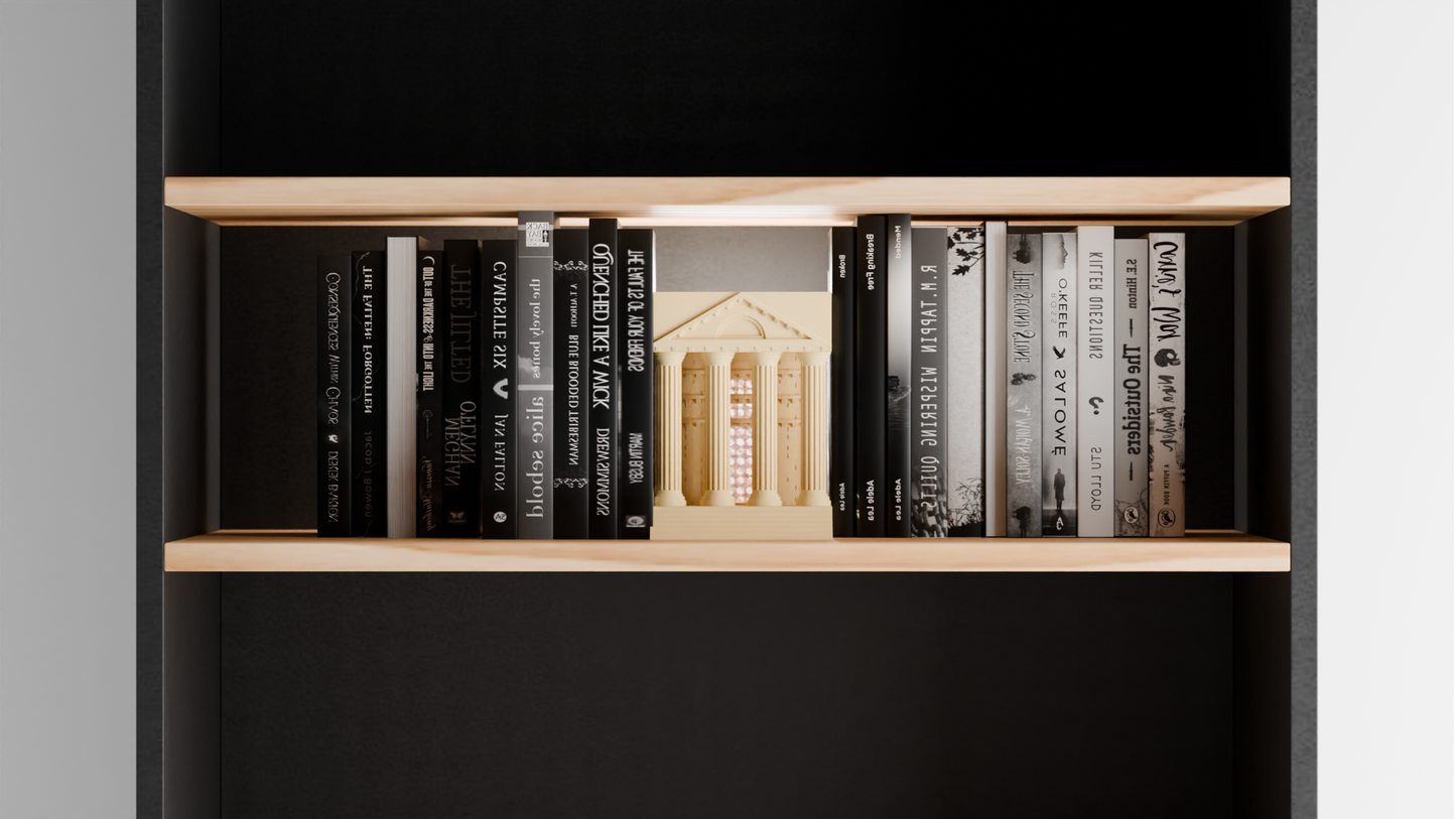 book nook light, hellenic temple bookshelf lamp, architectural statement ambience