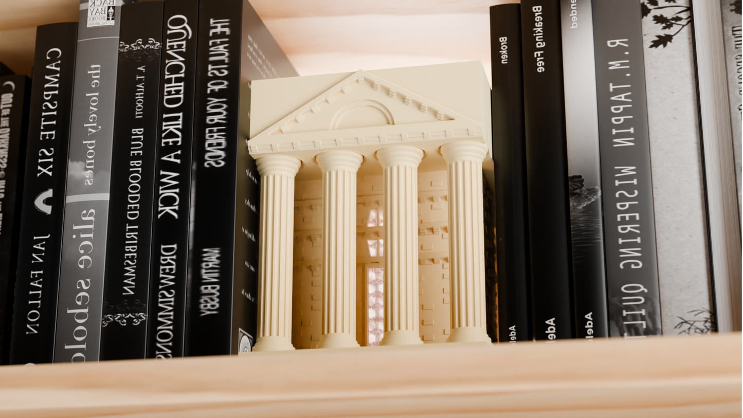book nook light, hellenic temple bookshelf lamp, architectural statement ambience