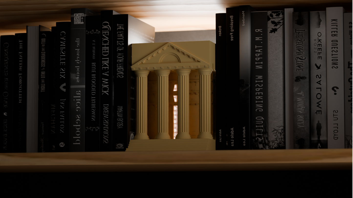 book nook light, hellenic temple bookshelf lamp, architectural statement ambience