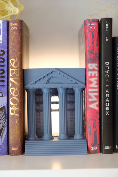 book nook light, hellenic temple bookshelf lamp, architectural statement ambience