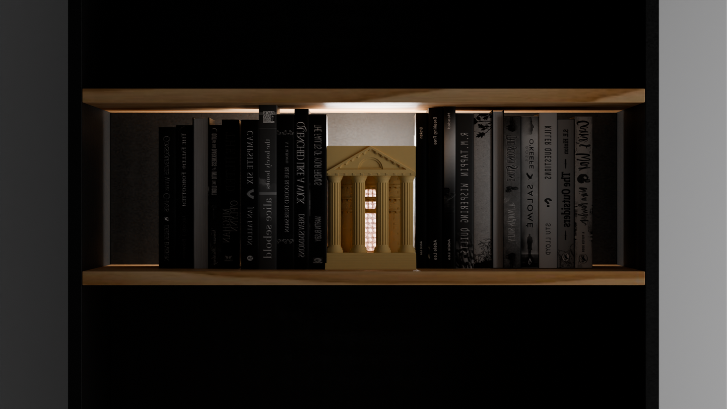 book nook light, hellenic temple bookshelf lamp, architectural statement ambience