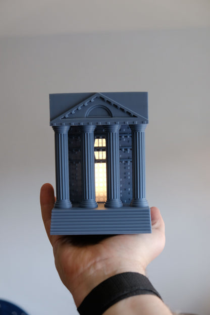 book nook light, hellenic temple bookshelf lamp, architectural statement ambience