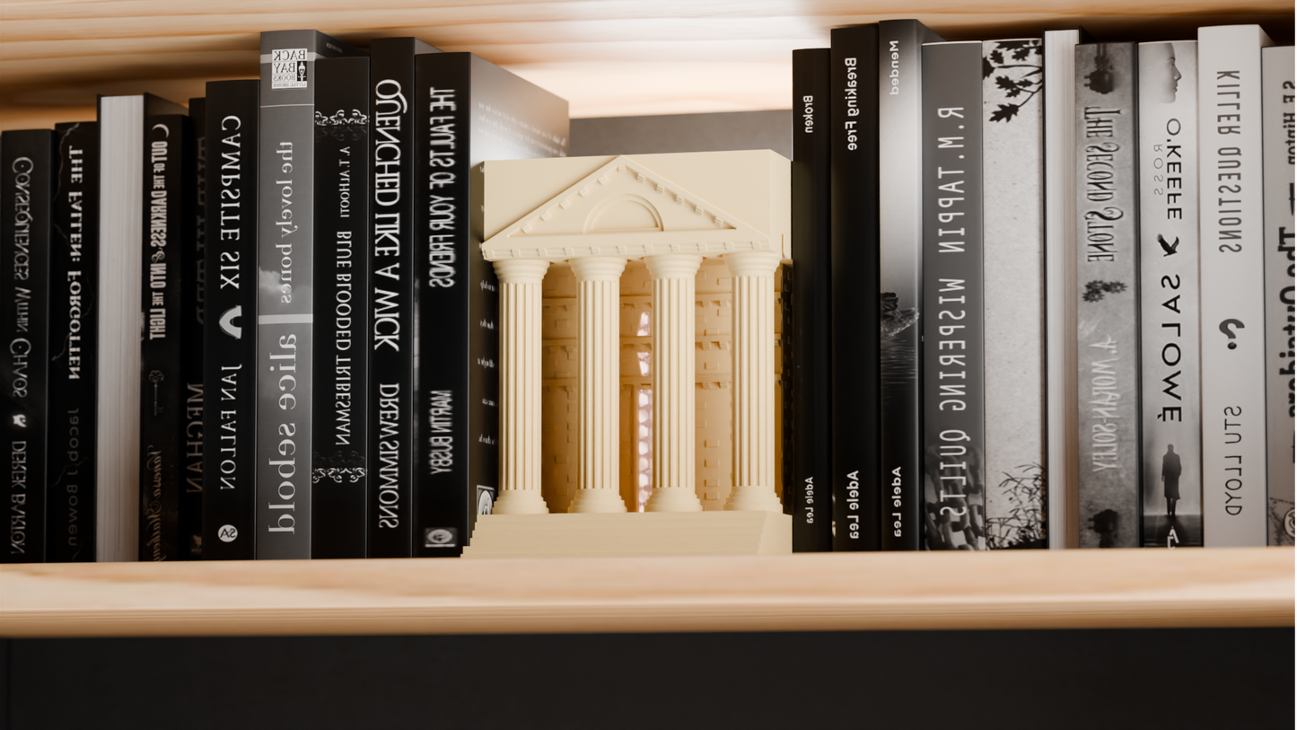 book nook light, hellenic temple bookshelf lamp, architectural statement ambience