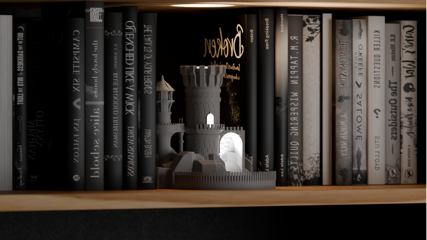 Stylish Gothic Book Nook Light, Original Meticulous Medieval Castle Illuminated, Artistic Bookshelf-Ready Library Accent