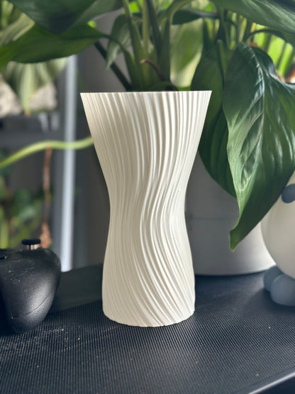 ripple vase, geometric texture, nordic sculptural centerpiece, matte tabletop, white