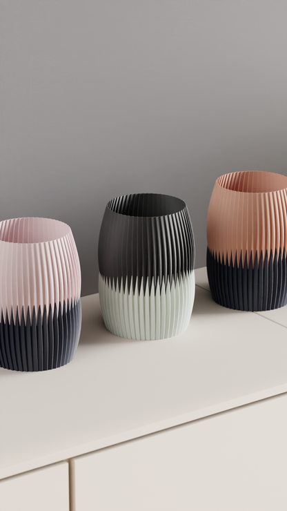 Pleated Vase, Dual Tone Contemporary Tabletop Statementpiece, Elegant Floral Holder