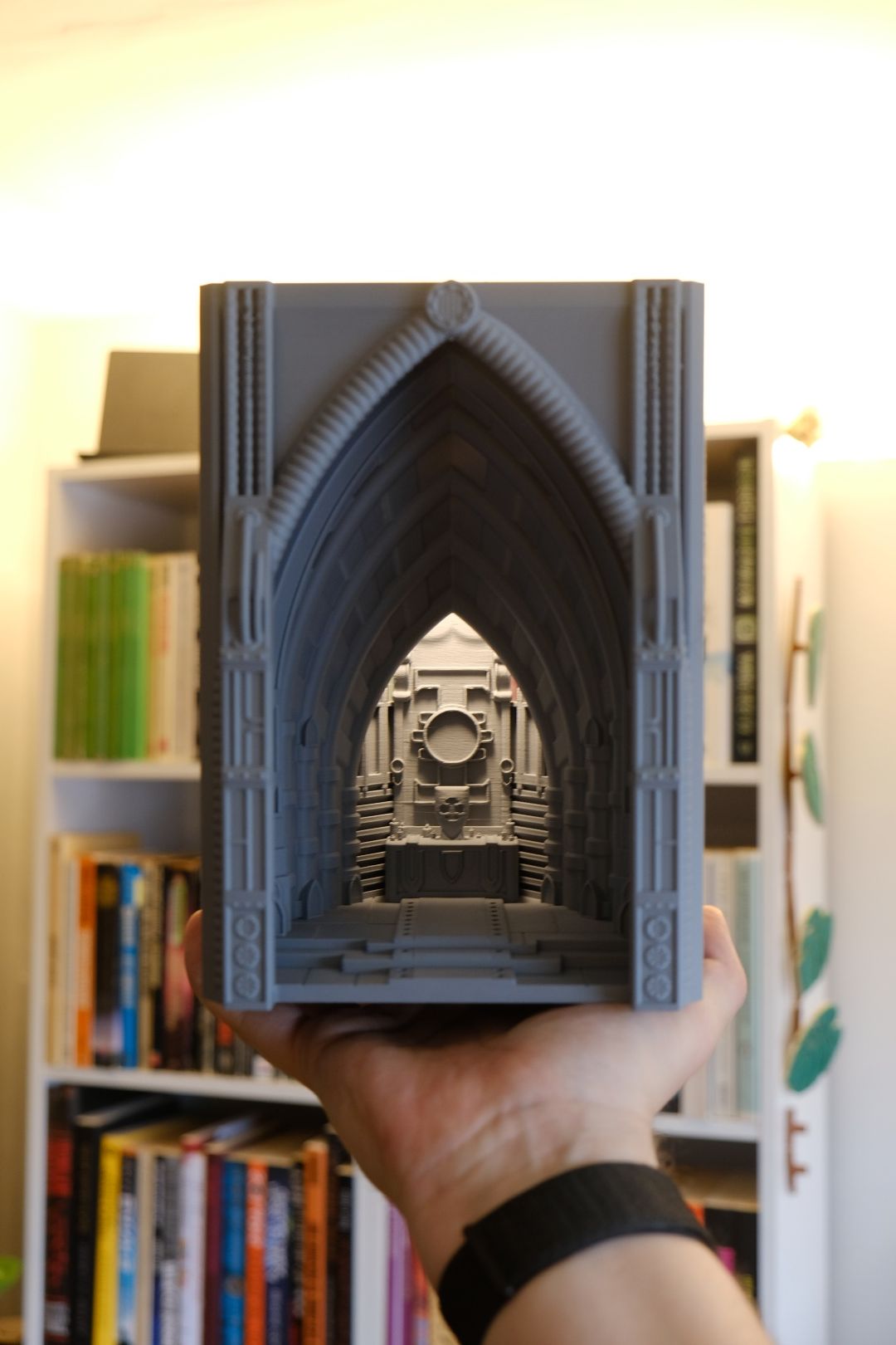 book nook lamp, neo gothic cathedral illumination, atmospheric bookshelf accents