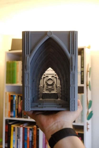 book nook lamp, neo gothic cathedral illumination, atmospheric bookshelf accents