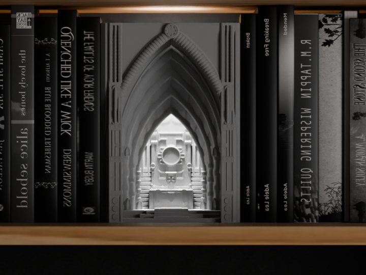 book nook lamp, neo gothic cathedral illumination, atmospheric bookshelf accents