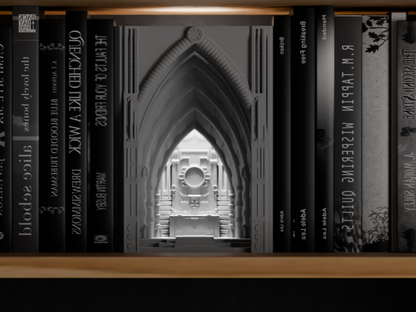 book nook lamp, neo gothic cathedral illumination, atmospheric bookshelf accents