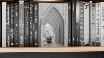 book nook lamp, neo gothic cathedral illumination, atmospheric bookshelf accents