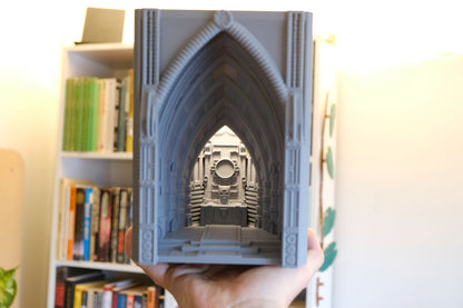 book nook lamp, neo gothic cathedral illumination, atmospheric bookshelf accents