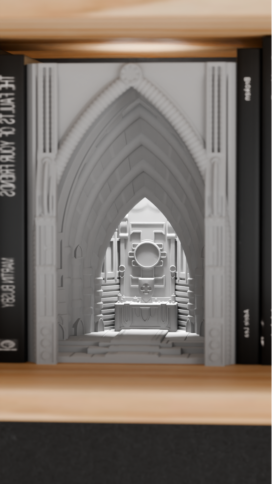 book nook lamp, neo gothic cathedral illumination, atmospheric bookshelf accents