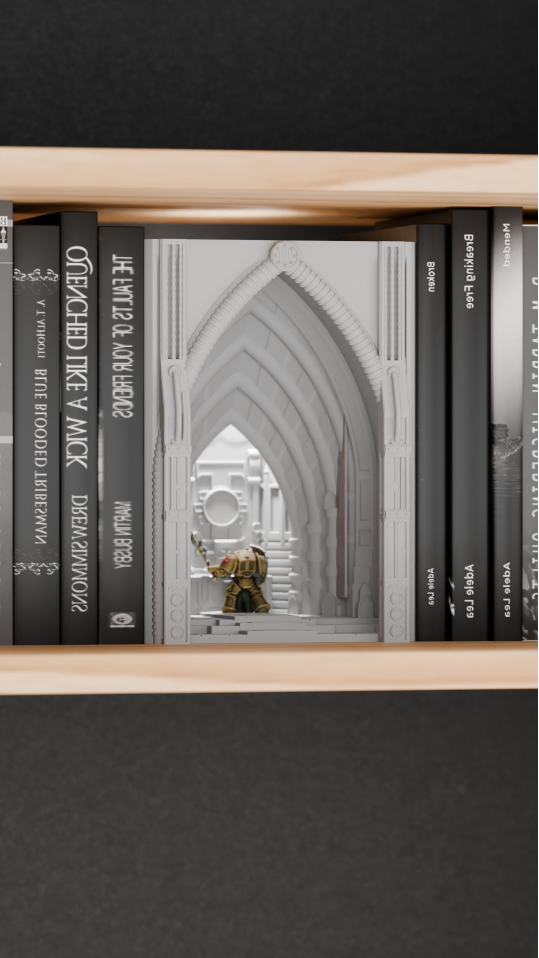 book nook lamp, neo gothic cathedral illumination, atmospheric bookshelf accents