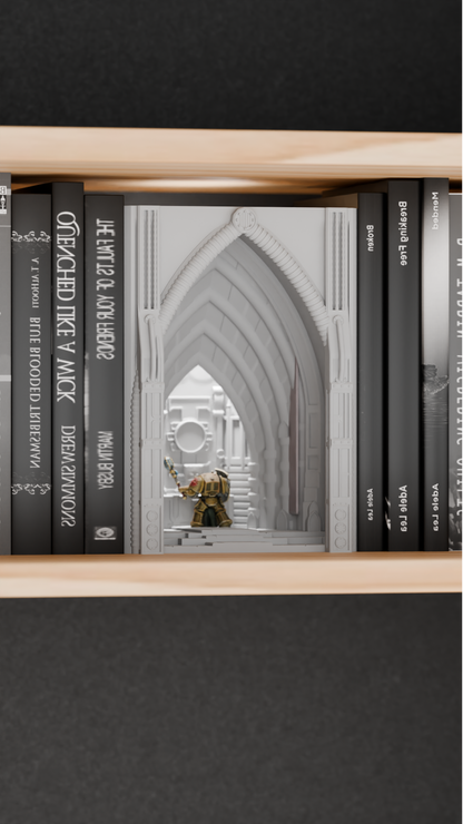 book nook lamp, neo gothic cathedral illumination, atmospheric bookshelf accents