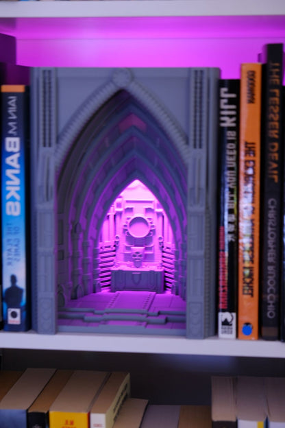 book nook lamp, neo gothic cathedral illumination, atmospheric bookshelf accents