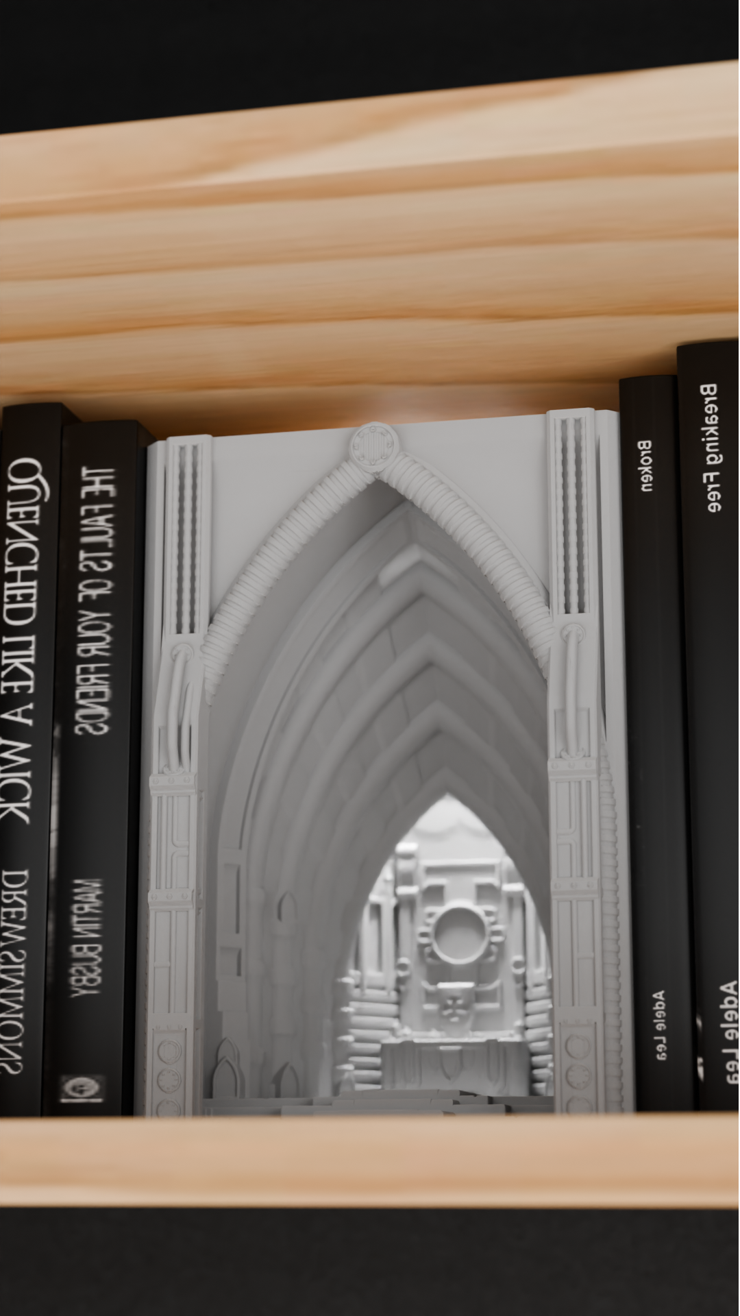 book nook lamp, neo gothic cathedral illumination, atmospheric bookshelf accents