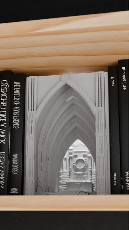 book nook lamp, neo gothic cathedral illumination, atmospheric bookshelf accents