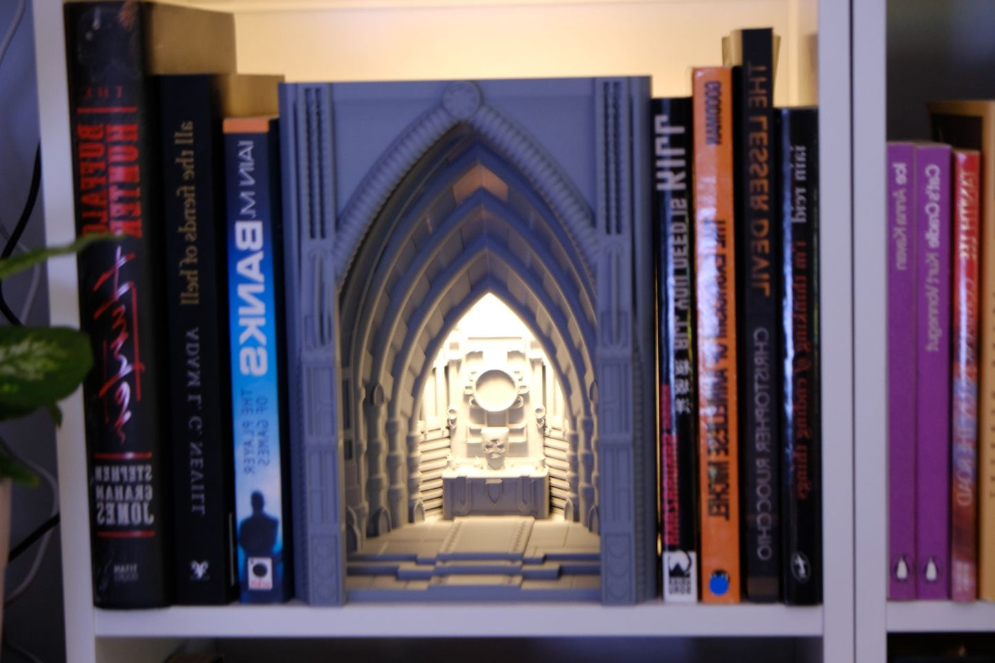 book nook lamp, neo gothic cathedral illumination, atmospheric bookshelf accents