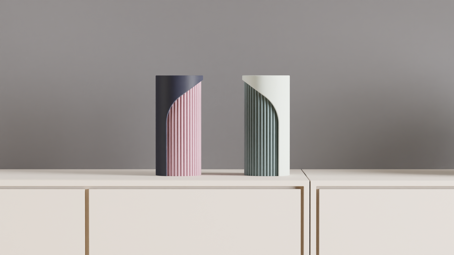 Unique Two-Tone Fluted Cylinder Vase, Modern Architectural Tabletop Accent, Nordic Style, Geometric Stylish Holder