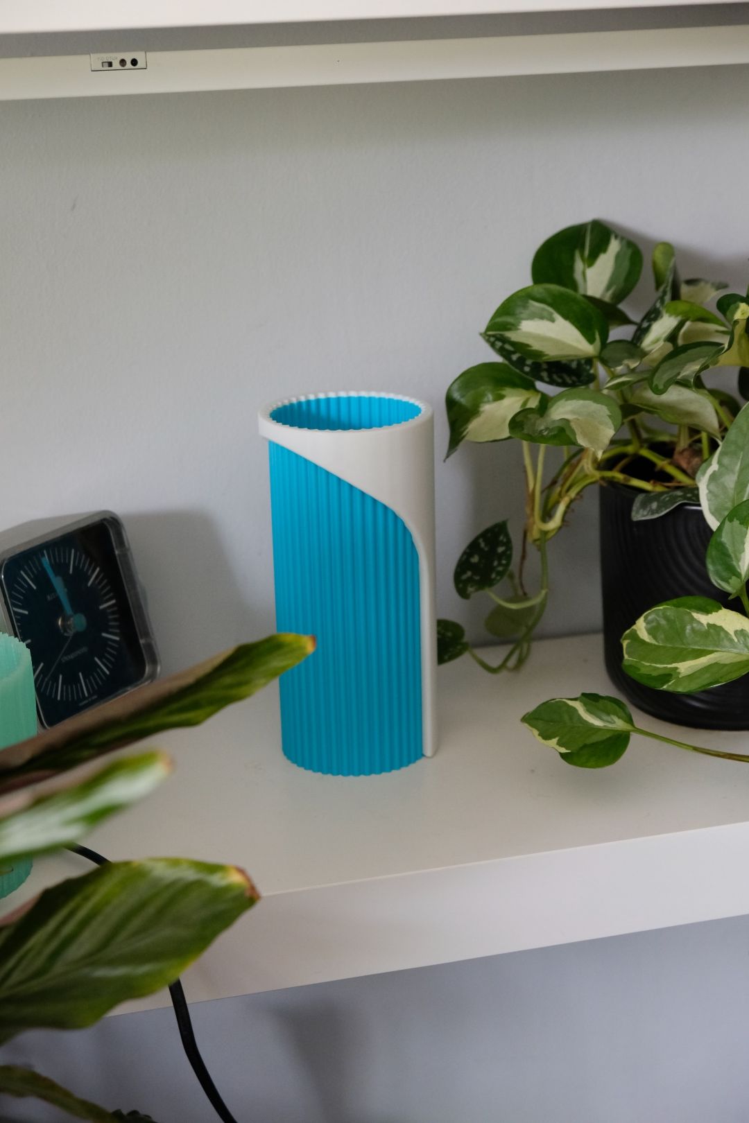 Unique Two-Tone Fluted Cylinder Vase, Modern Architectural Tabletop Accent, Nordic Style, Geometric Stylish Holder