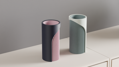 Unique Two-Tone Fluted Cylinder Vase, Modern Architectural Tabletop Accent, Nordic Style, Geometric Stylish Holder