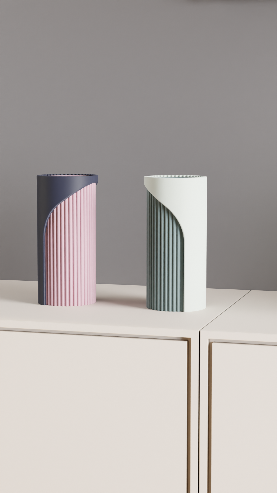 Unique Two-Tone Fluted Cylinder Vase, Modern Architectural Tabletop Accent, Nordic Style, Geometric Stylish Holder