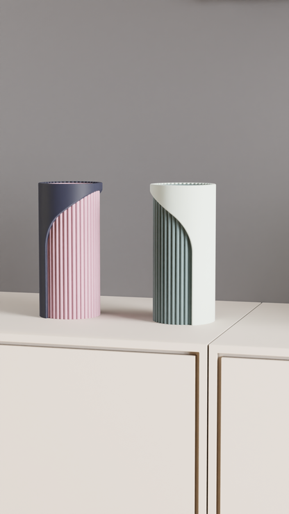 Unique Two-Tone Fluted Cylinder Vase, Modern Architectural Tabletop Accent, Nordic Style, Geometric Stylish Holder