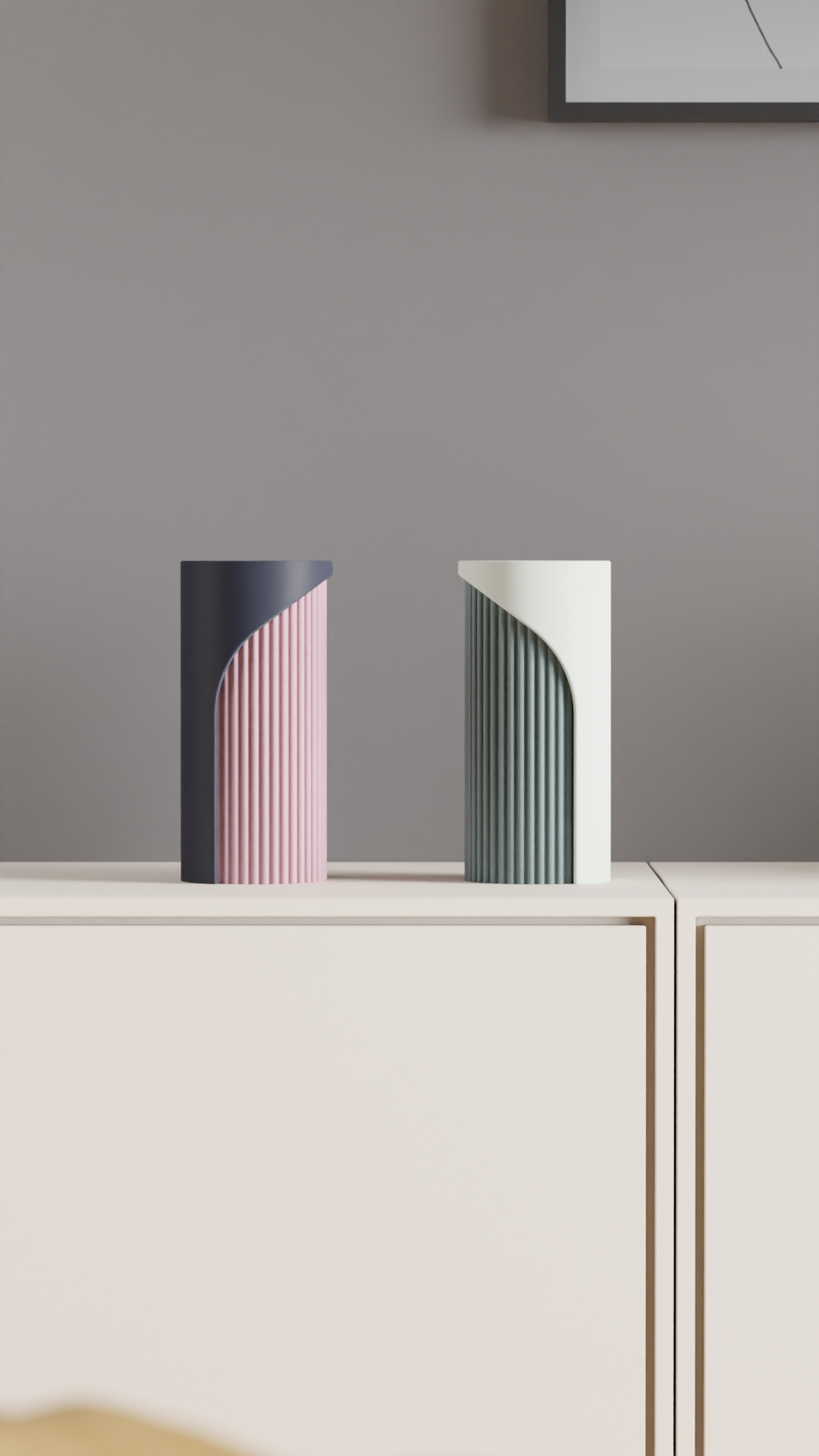 Unique Two-Tone Fluted Cylinder Vase, Modern Architectural Tabletop Accent, Nordic Style, Geometric Stylish Holder