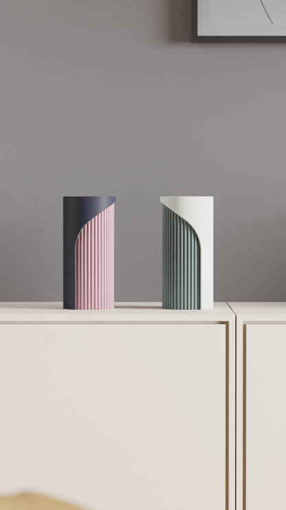 Unique Two-Tone Fluted Cylinder Vase, Modern Architectural Tabletop Accent, Nordic Style, Geometric Stylish Holder