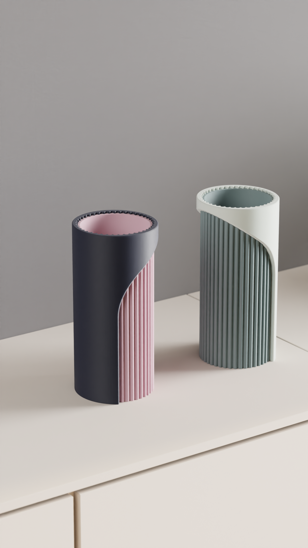 Unique Two-Tone Fluted Cylinder Vase, Modern Architectural Tabletop Accent, Nordic Style, Geometric Stylish Holder