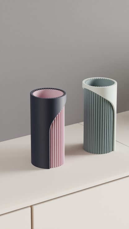 Unique Two-Tone Fluted Cylinder Vase, Modern Architectural Tabletop Accent, Nordic Style, Geometric Stylish Holder