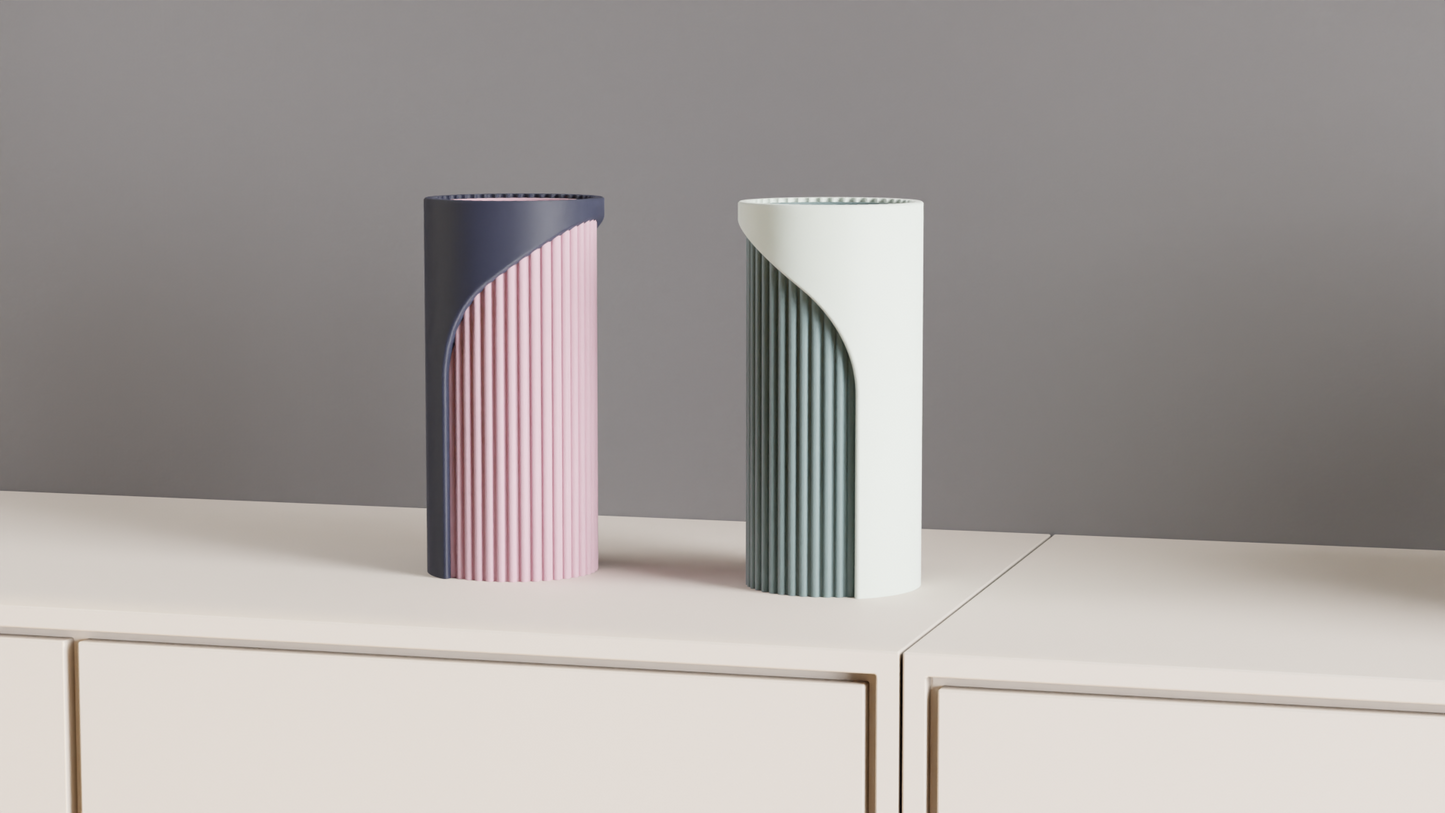 Unique Two-Tone Fluted Cylinder Vase, Modern Architectural Tabletop Accent, Nordic Style, Geometric Stylish Holder