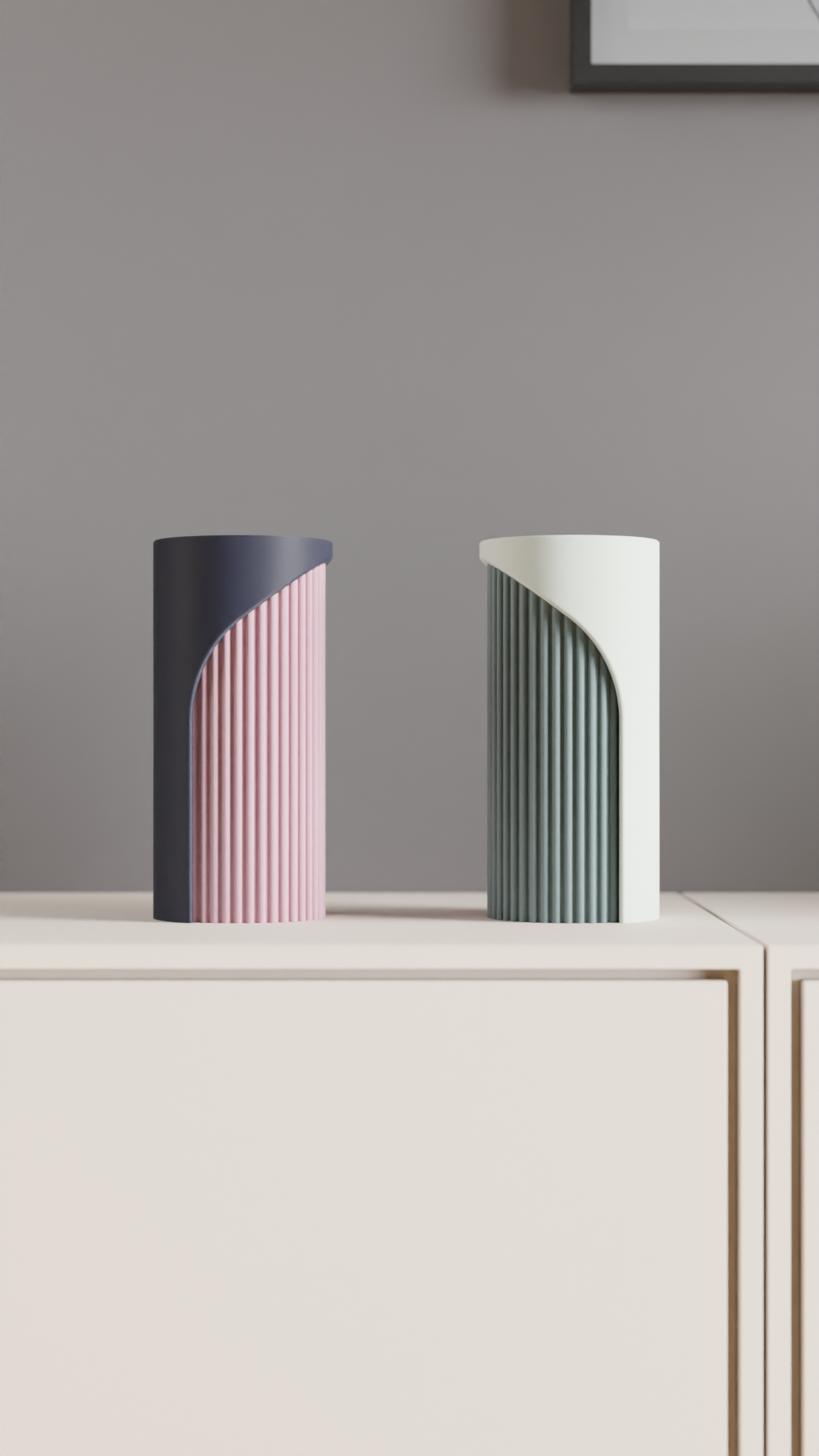 Unique Two-Tone Fluted Cylinder Vase, Modern Architectural Tabletop Accent, Nordic Style, Geometric Stylish Holder