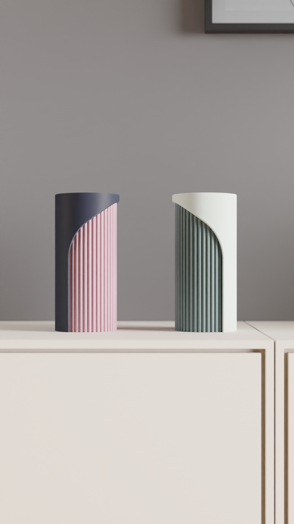 Unique Two-Tone Fluted Cylinder Vase, Modern Architectural Tabletop Accent, Nordic Style, Geometric Stylish Holder