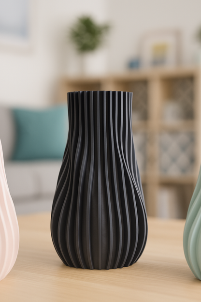 Ribbed Vase, Contemporary Geometric Tabletop Flower Holder, Slate Gray Statement.