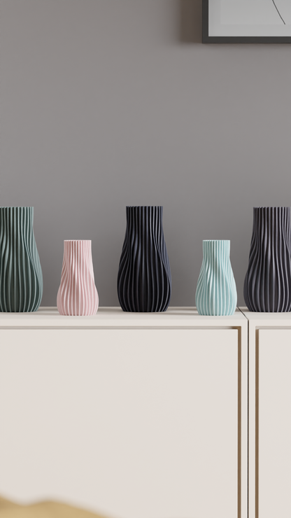 Ribbed Vase, Contemporary Geometric Tabletop Flower Holder, Slate Gray Statement.