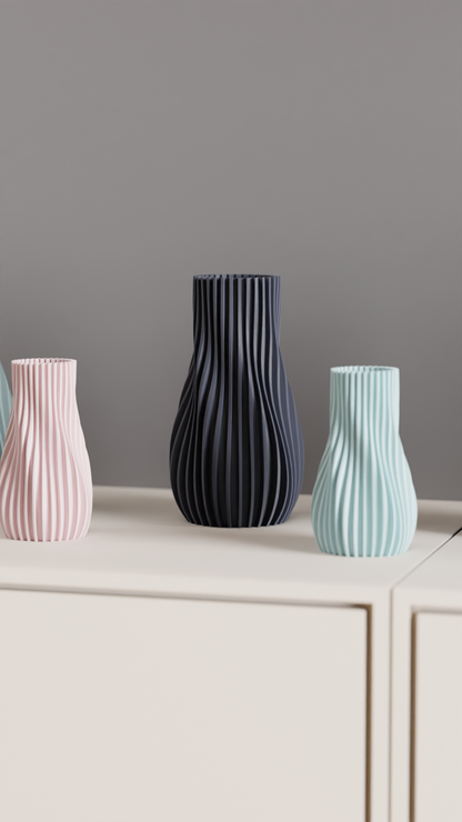 Ribbed Vase, Contemporary Geometric Tabletop Flower Holder, Slate Gray Statement.