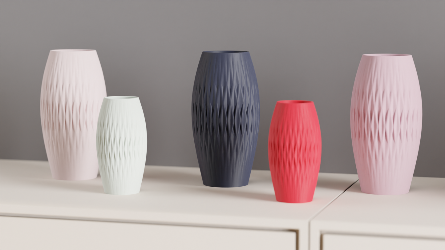 Soft Lined Geometric Diamond-Textured Vase, Modern Japandi Style Tabletop Accent, Art Deco Elegant Centerpiece