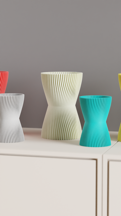 Hourglass Vase, Finned Sculptural Floral Vessel, Nordic Mantelpiece Tabletop Accent