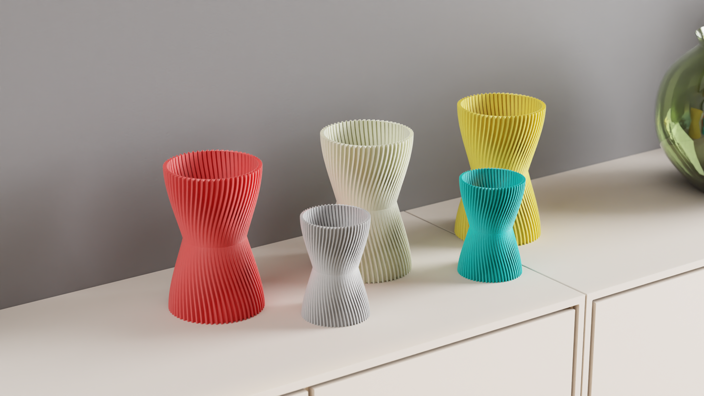 Hourglass Vase, Finned Sculptural Floral Vessel, Nordic Mantelpiece Tabletop Accent