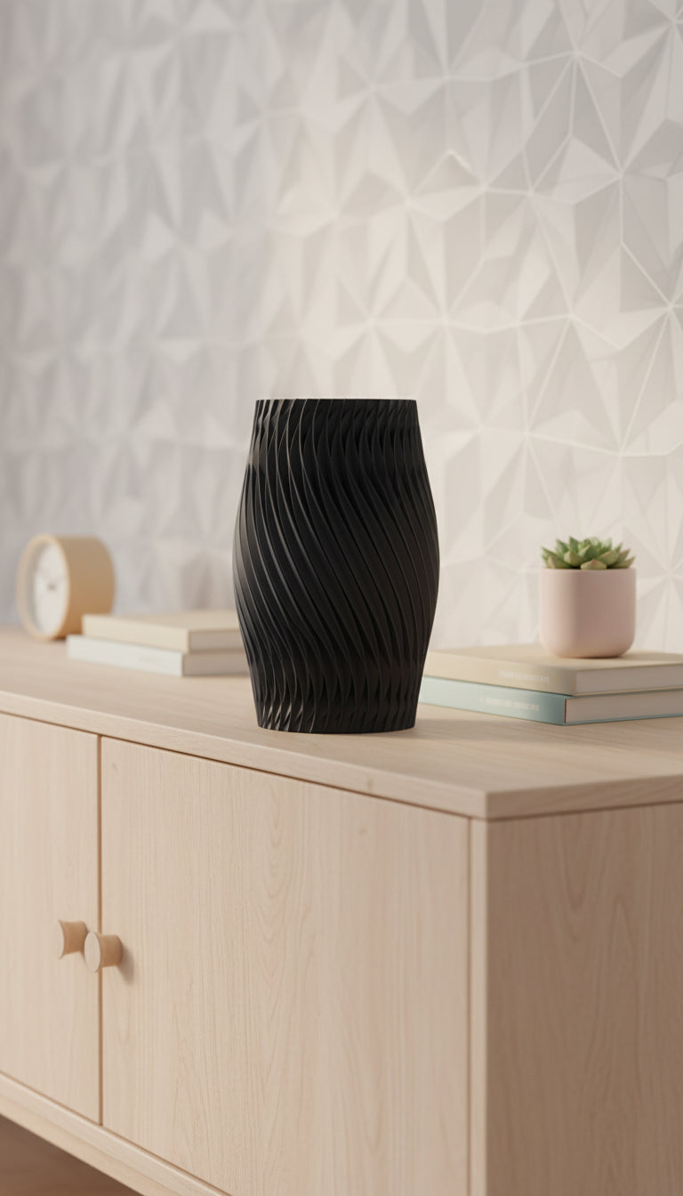 Spiral Vase, Parametric Swirl Tabletop Vessel, Contemporary Nordic Accent Sculpture