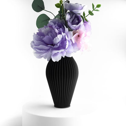 Vase Ornamental Rippled, Tabletop Flower Holder, Workstation Accent, Nordic Style, Midnight Black