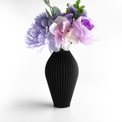Vase Ornamental Rippled, Tabletop Flower Holder, Workstation Accent, Nordic Style, Midnight Black