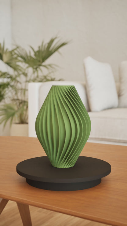 Modern Vase, Contemporary Sculptural Ribbed Geometry, Japandi Olivegreen Tabletop Accent